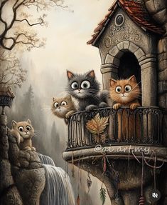 three cats sitting on top of a balcony next to a waterfall and a birdhouse