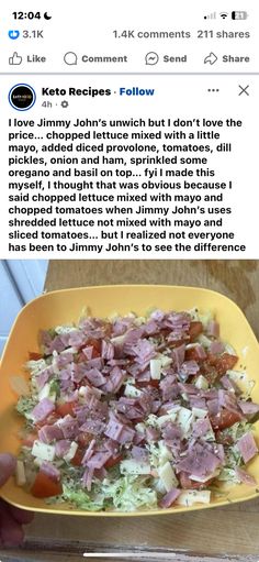 a yellow bowl filled with food on top of a wooden table next to an instagram post