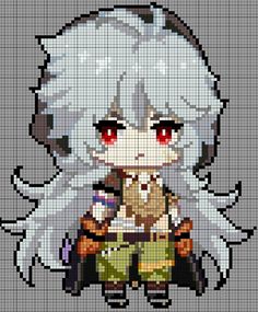 the pixel art is made to look like an anime character with white hair and red eyes