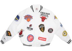 Check out the Supreme Nike/NBA Teams Warm-Up Jacket White available on StockX Nasa Clothes, Supreme X Nike, Supreme Nike, Nike Air Force 1 Mid, Nike Nba, Sneaker Magazine, Nba Logo, Varsity Jacket Men, Trail Blazers