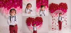 a little boy with glasses and suspenders standing in front of heart shaped balloons, holding an umbrella