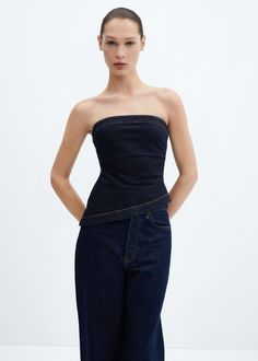 Asymmetric hem denim top Denim Tube Top, Moda Denim, Look Jean, Maxi Tops, Mango Tops, Denim Corset, Tailored Design, Asymmetrical Design