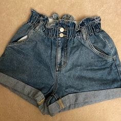 Like Brand New, Never Worn. Fit Is Like A Small/Medium High Rise Denim Blue Bottoms With Ruffles, Blue Ruffled Shorts For Day Out, Blue Ruffled Short Bottoms, High Waist Blue Shorts With Ruffles, Blue Summer Shorts With Ruffles, Blue High-waist Shorts With Ruffles, Trendy Blue Bottoms With Ruffles, Summer Blue Bottoms With Ruffles, Trendy Ruffled Bottoms