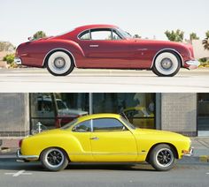 an old and new yellow car parked in front of a building