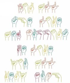 many different colored hand gestures are shown in this drawing, with one pointing at the viewer