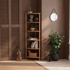 a living room filled with furniture next to a mirror and plant in a vase on top of a wooden shelf