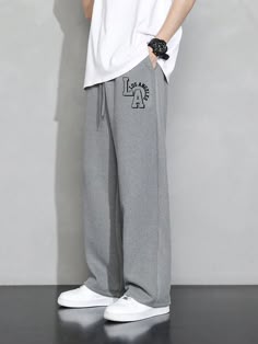 Grey Casual Collar  Fabric Letter Straight Leg Embellished Non-Stretch,Slight Stretch  Men Clothing Jogger Trousers Outfit Men, Straight Leg Sweatpants Outfit Men, Men Joggers Outfit, Men Pants Outfit, Joggers Men Outfit, Straight Leg Sweatpants Outfit, Trousers Outfit Men