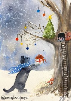 a painting of two cats in the snow near a tree with decorations hanging from it