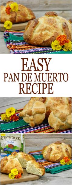 an easy pan de muerto recipe on a cutting board with flowers in the middle