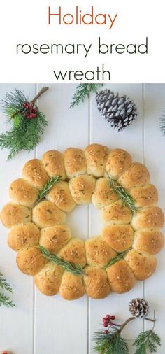 a holiday rosemary bread wreath on a white table