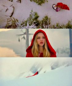 two different scenes with one woman in the snow