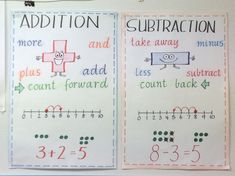 two worksheets showing addition and subtraction for students to practice their math skills