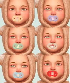 six different images of the same child's face with pacifiers in their mouths