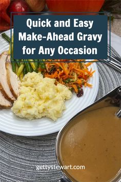 a white plate topped with meat, mashed potatoes and gravy next to a pot of gravy