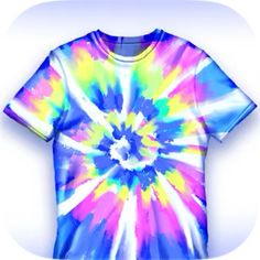 a colorful tie - dyed t - shirt is shown in front of a white background