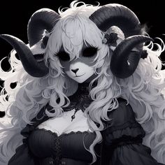 a woman with long white hair and horns on her head