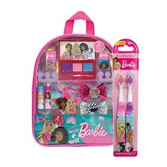 the barbie doll backpack is pink and has princess pictures on it's front pocket