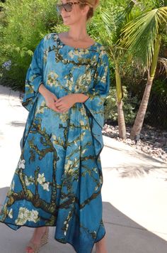 "This beautiful silk caftan is a replica print of Van Gogh's painting called \"Almond Blossoms\". Soft, silk fabric in an turquoise blue with ombre shading. One size. Fits small to X-large. The width is 52 inches and the length is 50 inches. Neckline is hand finished." Coverup Swimsuit Cover, Blue Caftan, Ladies Caftan, Almond Blossoms, Silk Caftan, Long Beach Dress, Silk Kaftan, Silk Dress Long, Silk Tunic