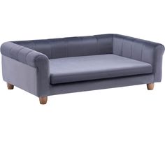 a gray couch with wooden legs on a white background