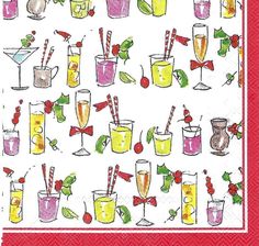 a red napkin with various cocktails and drinks on it's edges, all in different colors