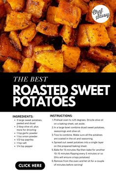 Save this recipe for The Best Easy Roasted Sweet Potatoes. Roasted Sweet Potatoes are a delicious, versatile side dish that can go with almost any meal! Their natural sweetness, combined with savory seasonings and a crunchy exterior, makes them a favorite for weekday breakfasts or dinners! Follow Chef Savvy for more Healthy Family Friendly Recipes!