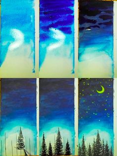 four pictures of trees and the sky with stars in them, all painted on paper