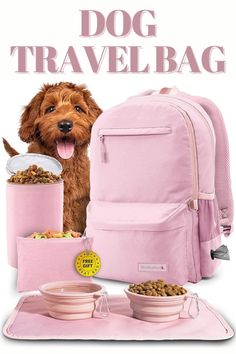 a dog standing next to a pink backpack with food and water bowls in front of it