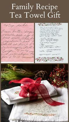 the recipe for tea towel gift is shown in three different pictures and has red ribbon on it