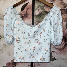 Abercrombie & Fitch Flowered Crop Top. Nwt Chic Fitted Top For Garden Party, Blue Floral Print Top For Garden Party, Fitted Light Blue Floral Print Tops, Black Sleeveless Bodysuit, White Ribbed Top, Pink Tee Shirt, Abercrombie (women), Royal Blue Shorts, Waffle Shirt