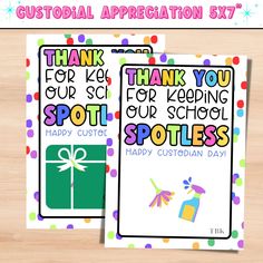 two thank cards with colorful polka dots on them