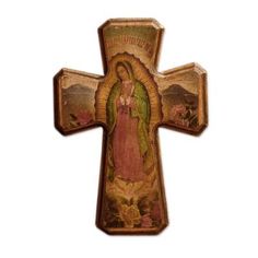 a wooden cross with an image of the virgin mary on it