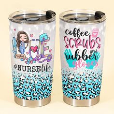 two stainless steel tumblers with colorful designs on them, one is blue and the other is white