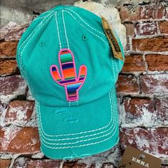 Turquoise Vintage Lightly Distressed Women's Baseball Style Cap. Embroidered With Color Me Desert Serape Cactus. Casual Turquoise Cap, Casual Turquoise Cap Hat, Turquoise Casual Adjustable Hat, Casual Adjustable Turquoise Hats, Painting Cactus, Ny Hat, Black Platform Sandals, Balenciaga Mens, Fringe Booties