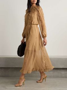 ZIMMERMANN Tranquility belted ruffled silk-chiffon midi dress | NET-A-PORTER Silk Georgette Dress, Georgette Dress, Chiffon Midi Dress, Delicate Chain, Chain Belt, Jewel Neck, Shearling Jacket, Everyday Wardrobe