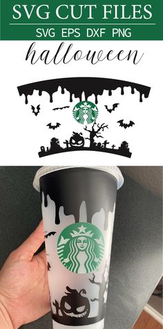 the starbucks cup is decorated with black and white graphics, including bats and witches on it