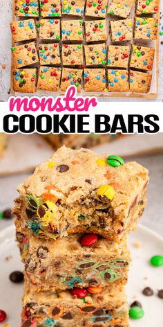 monster cookie bars stacked on top of each other with sprinkles and candy