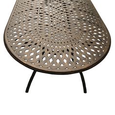 an outdoor table that is made out of metal and has a circular design on the top