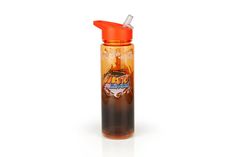 an orange and brown drink bottle with a straw in it's cap on a white background