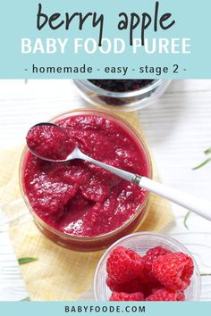 berry apple baby food puree in small glass bowls with spoons next to it