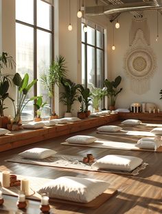 yoga mats lined up on the floor in front of large windows with potted plants