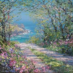 an oil painting of a path leading to the ocean with wildflowers on either side