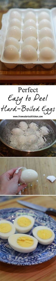 an image of eggs being cooked on a pan with the words perfect easy to peel instant boiled egg