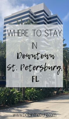 the words where to stay in downtown st petersburg, fl with palm trees and buildings