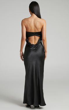 Charlita Maxi Dress - Strapless Cowl Back Satin Dress in Black | Showpo USA Black Strapless Satin Dress, Black Silk Prom Dress, Black Satin Dress Long, Black Satin Bridesmaid Dresses, Black Strapless Prom Dress, Black Satin Bridesmaid Dress, Black Silk Maxi Dress, Black Satin Prom Dress, Black Strapless Maxi Dress