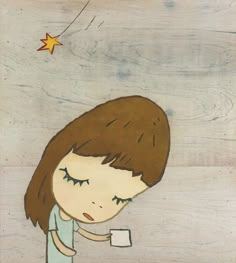 a drawing of a girl holding a cup with her eyes closed and stars in the sky above