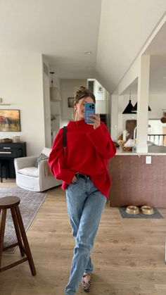 #popofcolor #red #redsweater #redtop #levis #vintageclothing #maryjane #maryjanes #leopardprintaccessories #flats #balletflat #casualfashion #casualchicstyle Trendy Red Sweater, Red Sweatshirt And Jeans Outfit, Red Oversized Sweater Outfit, Winter Outfits Red Sweater, Red Sweatsuit Outfits Women, Target Work Outfit Red And Jeans, Red Cashmere Sweater Outfit, Red Cable Knit Sweater Outfit, Trendy Red Sweater With Relaxed Fit