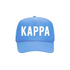 "Kappa Kappa Gamma Trucker Hat - KKG Cap - Kappa Headwear Printed with Kappa across the front. Your choice of hat color and your choice of print color. Please select from the drop down menu. Perfect for Holiday Gifts, Big Little Reveal, Big Sis Gifts, Sorority Gifts, Pledge Gift, Retreat Tanks, Reveal Gift 100% Polyester Front 100% Nylon Mesh Back The Traditional Look *5-panel cap *Seamless Foam Front Panel with Lining *8 Rows Stitching on Visor *Matching Fabric Undervisor *Matching Color Sweatb Kappa Sorority, Big Little Basket, Recruitment Ideas, Greek Week, Kappa Kappa Gamma, Big Little Reveal, Big Sis, Sorority Gifts, Sorority Outfits