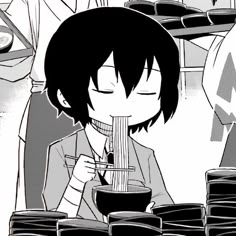 an anime character is drinking from a cup with chopsticks in front of him