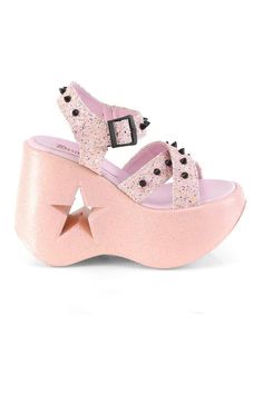 5" Star Cutout Platform Wedge Ankle Strap Sandal - Fit Guide: True To Size - Heel Specifications: 5" Platform Wedge - Country of Origin: Imported - Brand: Demonia Hologram Shoes, Demonia Boots, Alternative Shoes, Demonia Shoes, Pink Platforms, Criss Cross Sandals, Closet Goals, Goth Punk, Pink Stars