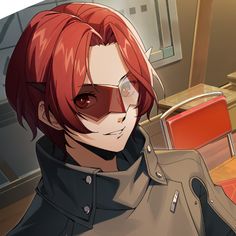 an anime character with red hair and glasses in front of a table full of chairs